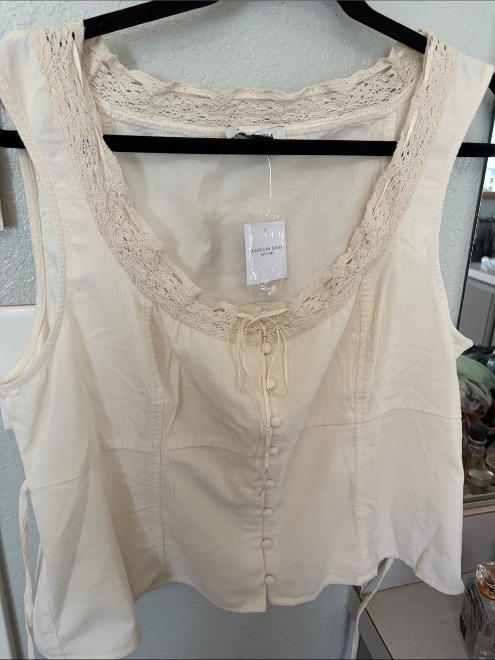 American Eagle Outfitters Cream Lace-Trim Button Front Camisole